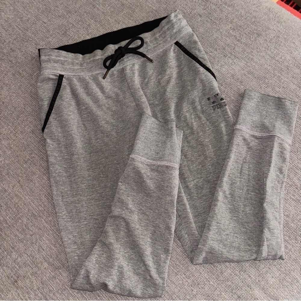 PINK gray jogger pants, elastic waist with drawstring, size Small